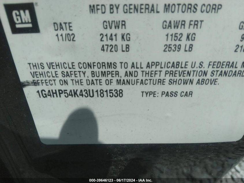 2003 Buick Lesabre Custom VIN: 1G4HP54K43U181538 Lot: 39646123