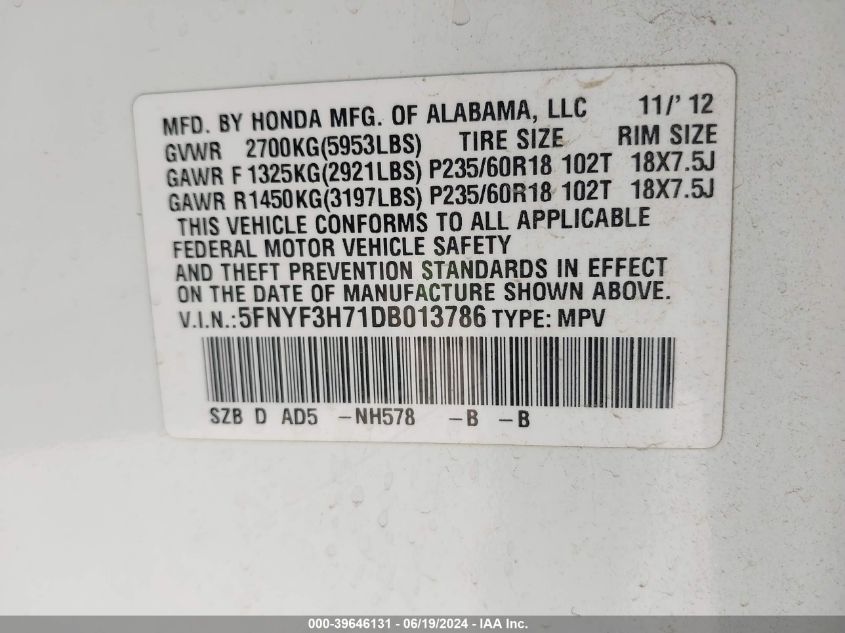 2013 Honda Pilot Ex-L VIN: 5FNYF3H71DB013786 Lot: 39646131