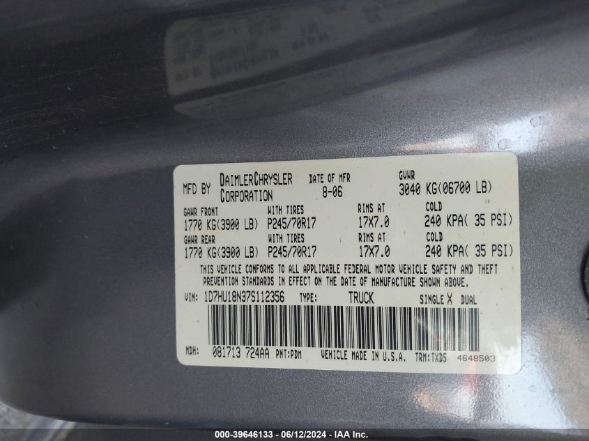2007 Dodge Ram 1500 St VIN: 1D7HU18N37S112356 Lot: 39646133