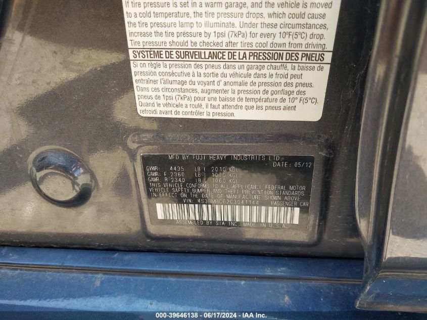 2012 Subaru Legacy 2.5I Premium VIN: 4S3BMBC62C3041144 Lot: 39646138