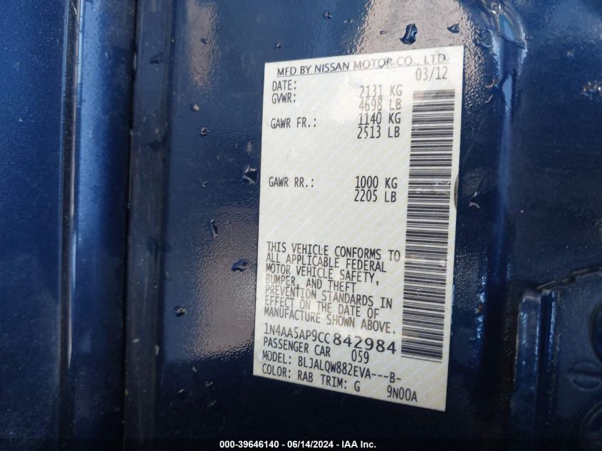 2012 Nissan Maxima 3.5 S VIN: 1N4AA5AP9CC842984 Lot: 39646140