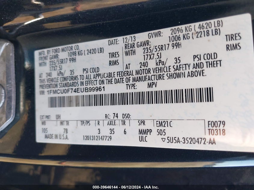 2014 Ford Escape S VIN: 1FMCU0F74EUB99961 Lot: 39646144