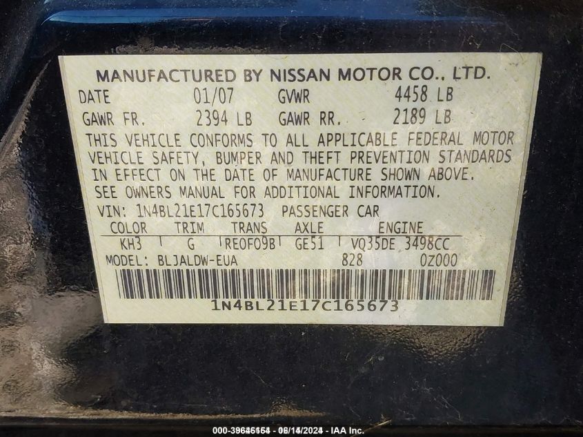 2007 Nissan Altima 3.5 Se VIN: 1N4BL21E17C165673 Lot: 39646154