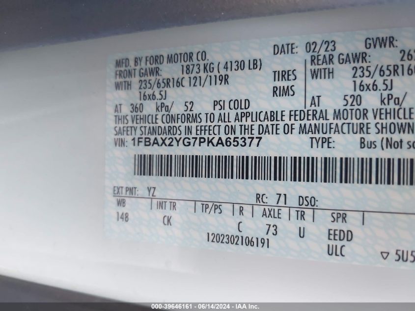 2023 Ford Transit-350 Passenger Van Xlt VIN: 1FBAX2YG7PKA65377 Lot: 39646161