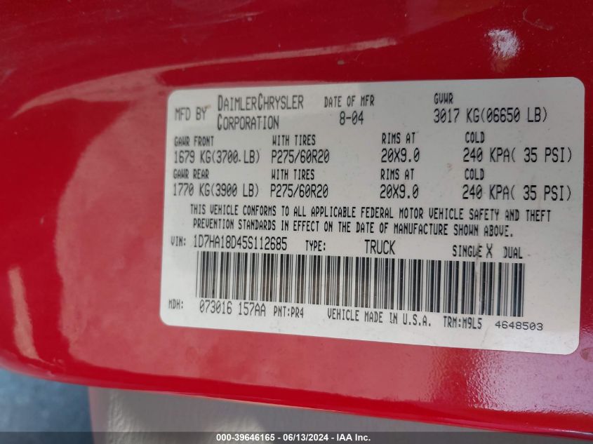 2005 Dodge Ram 1500 Slt/Laramie VIN: 1D7HA18D45S112685 Lot: 39646165