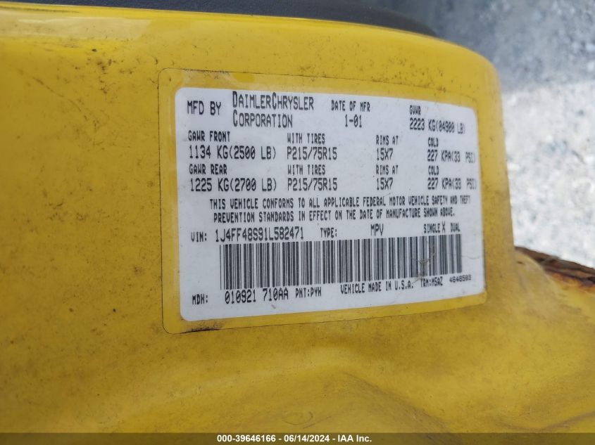 2001 Jeep Cherokee Sport VIN: 1J4FF48S91L582471 Lot: 39646166