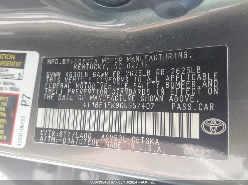 2012 Toyota Camry Xle VIN: 4T1BF1FK9CU557407 Lot: 39646167