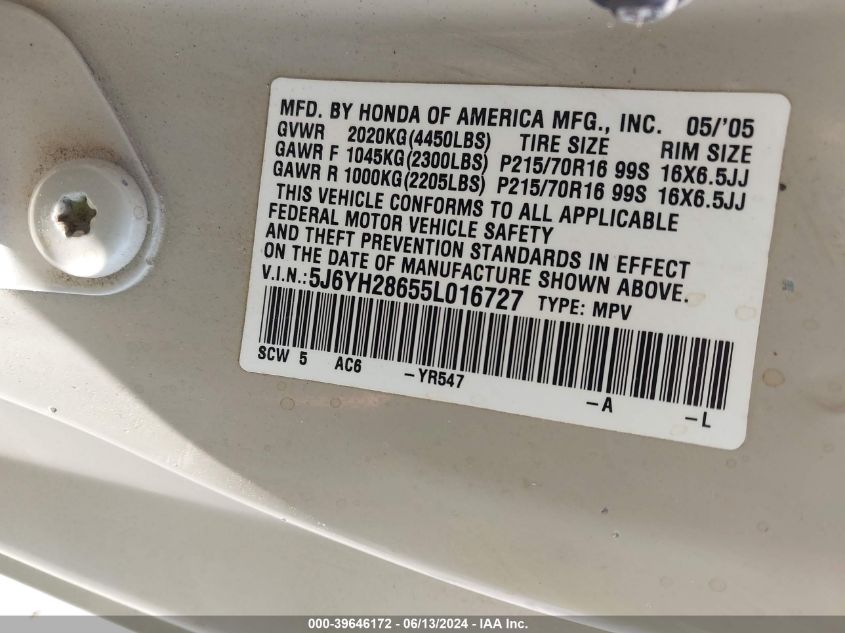 2005 Honda Element Ex VIN: 5J6YH28655L016727 Lot: 39646172