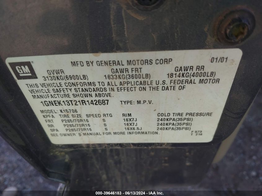 2001 Chevrolet Tahoe Lt VIN: 1GNEK13T21R142687 Lot: 39646183