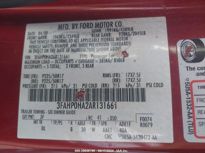 2010 Ford Fusion Se VIN: 3FAHP0HA2AR131661 Lot: 39646190