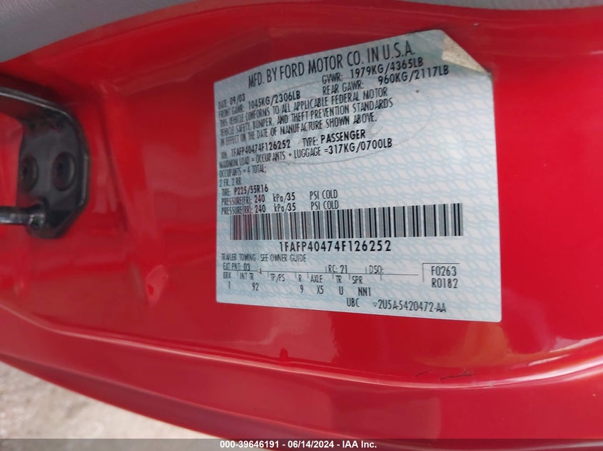 2004 Ford Mustang VIN: 1FAFP40474F126252 Lot: 39646191