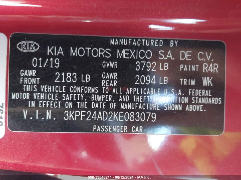 2019 Kia Forte Lxs VIN: 3KPF24AD2KE083079 Lot: 39646211