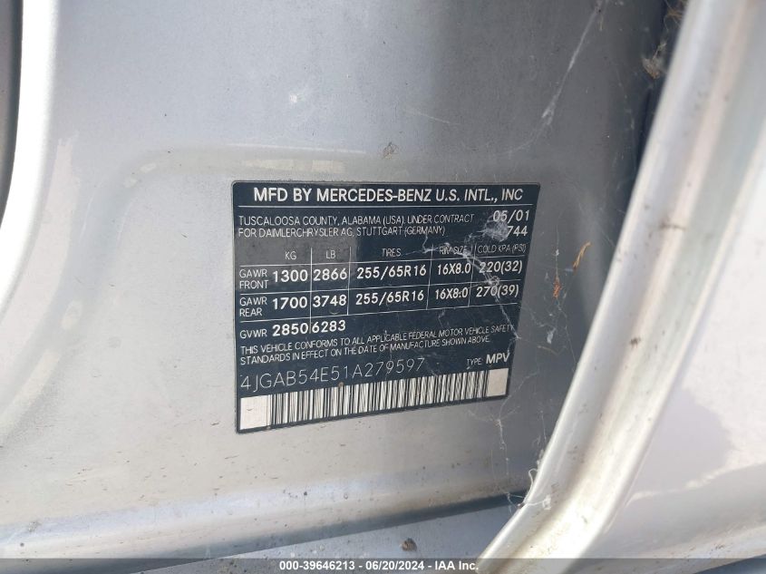 2001 Mercedes-Benz Ml 320 VIN: 4JGAB54E51A279597 Lot: 39646213
