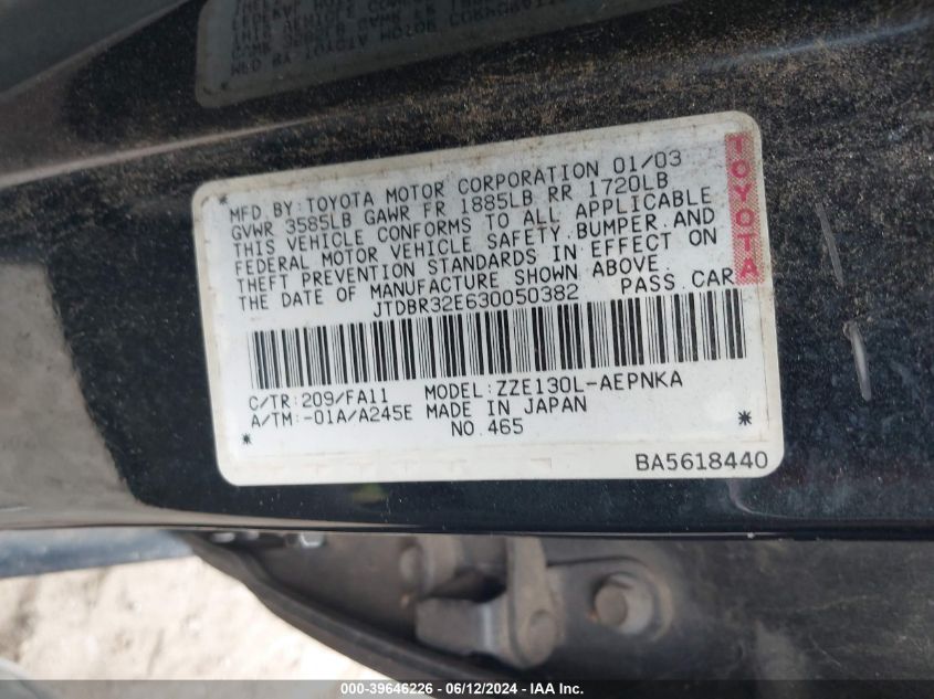 2003 Toyota Corolla Le VIN: JTDBR32E630050382 Lot: 39646226