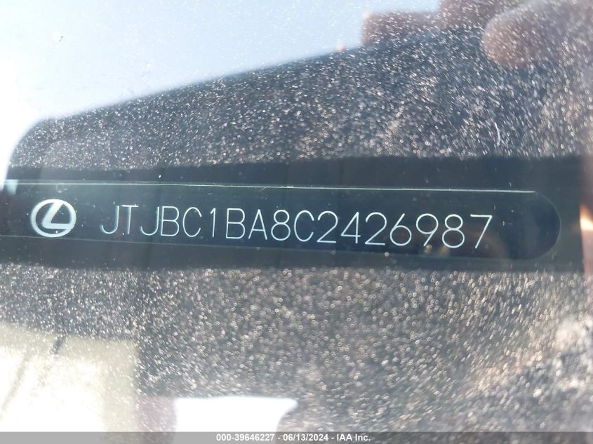 2012 Lexus Rx 450H VIN: JTJBC1BA8C2426987 Lot: 39646227