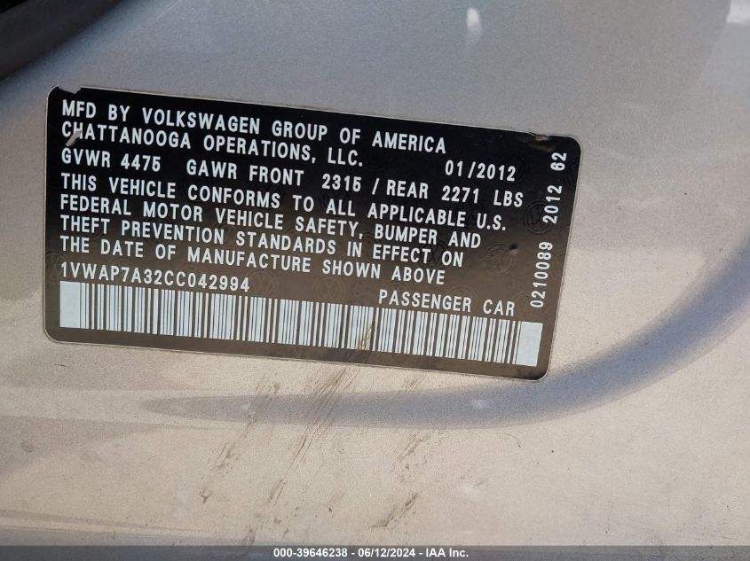 2012 Volkswagen Passat 2.5L S VIN: 1VWAP7A32CC042994 Lot: 39646238