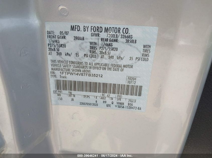 2007 Ford F-150 Fx4/Lariat/Xlt VIN: 1FTPW14V87FB35212 Lot: 39646241