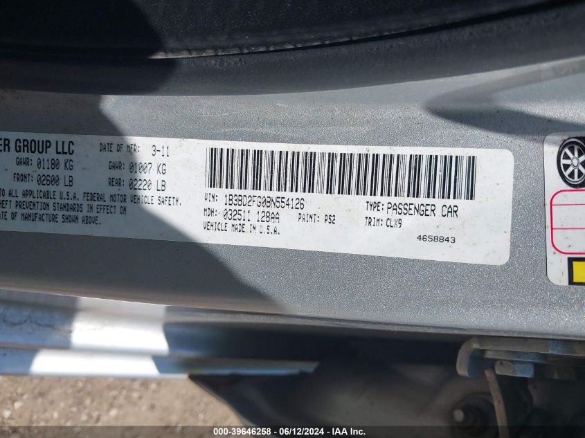 2011 Dodge Avenger Lux VIN: 1B3BD2FG0BN554126 Lot: 39646258