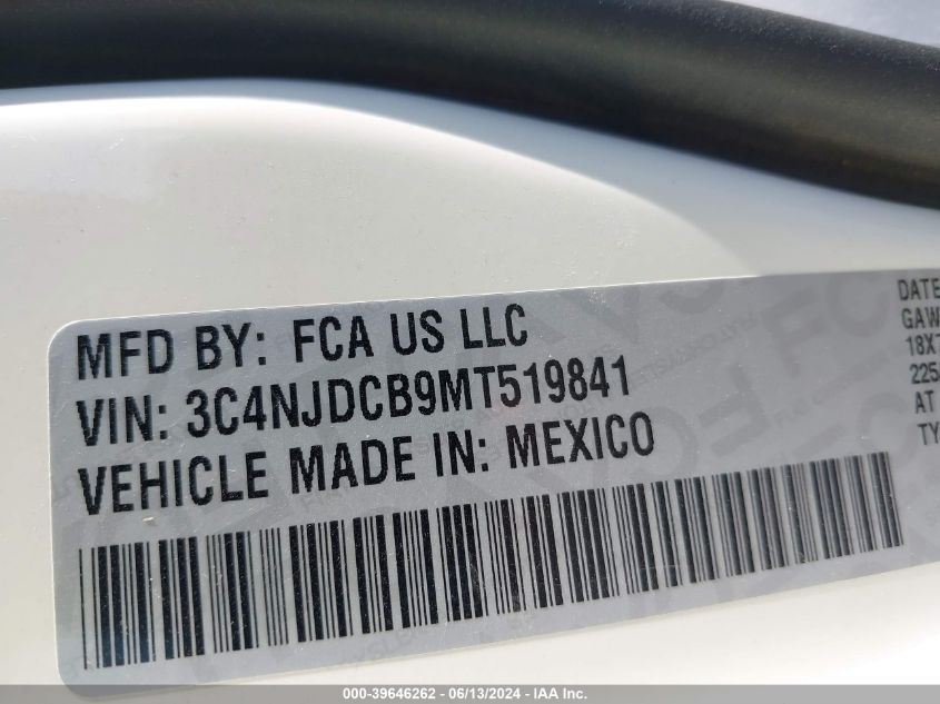 2021 Jeep Compass Limited 4X4 VIN: 3C4NJDCB9MT519841 Lot: 39646262