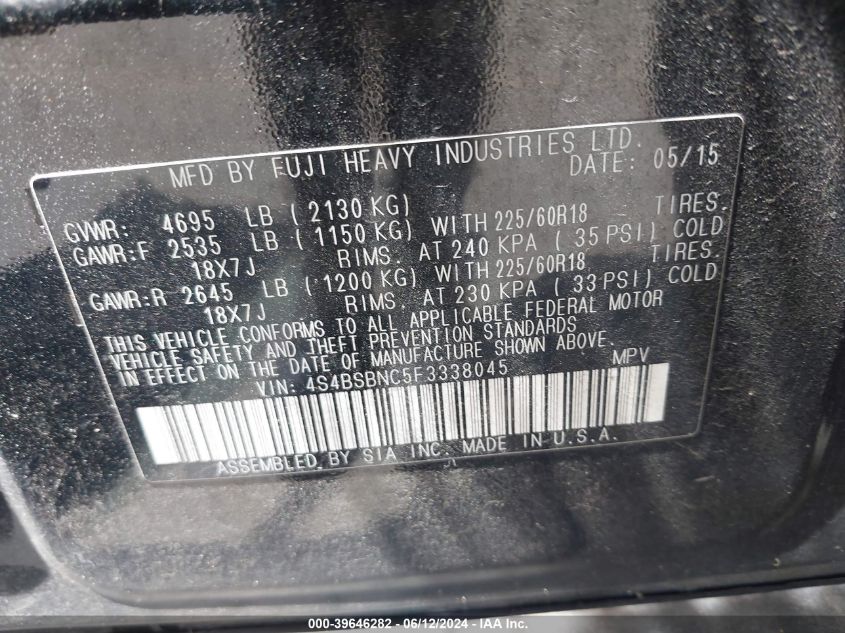 2015 Subaru Outback 2.5I Limited VIN: 4S4BSBNC5F3338045 Lot: 39646282