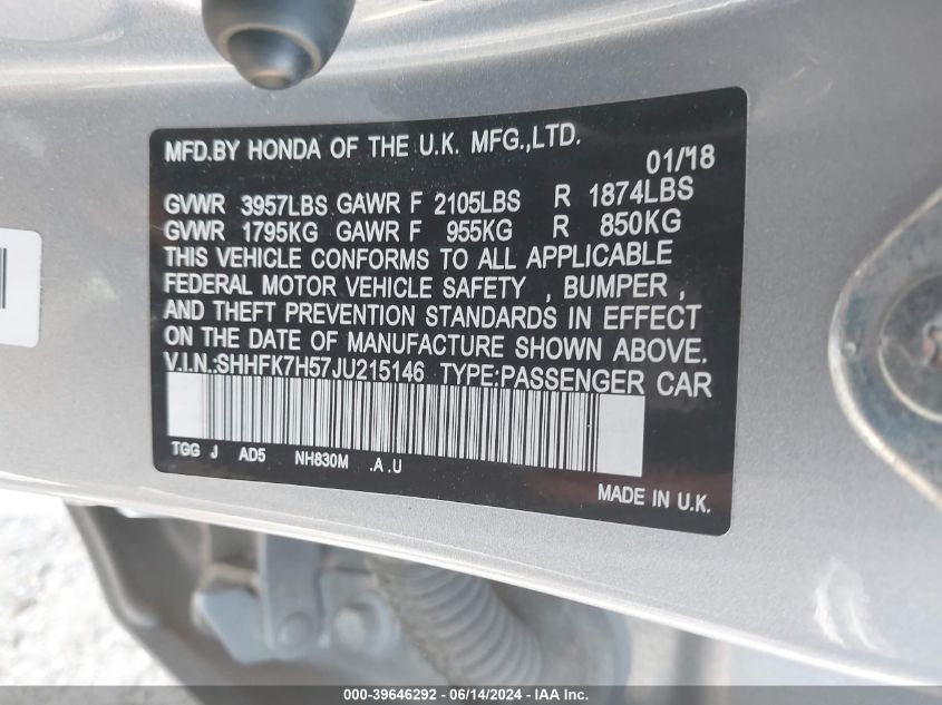 2018 Honda Civic Ex VIN: SHHFK7H57JU215146 Lot: 39646292