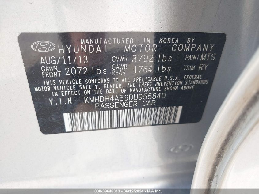 2013 Hyundai Elantra Limited VIN: KMHDH4AE9DU955840 Lot: 39646313