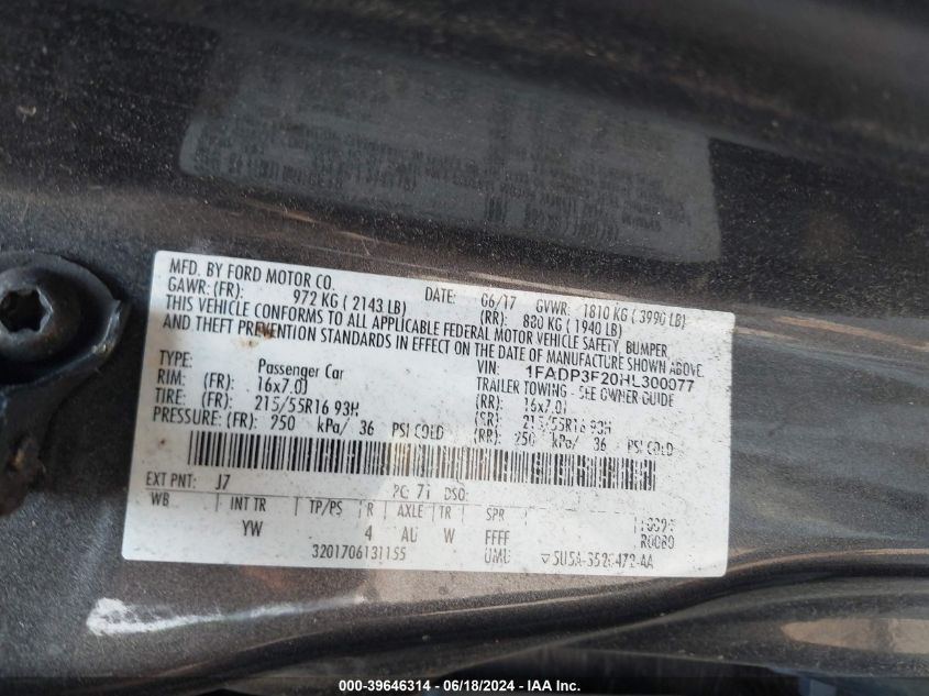 2017 Ford Focus Se VIN: 1FADP3F20HL300077 Lot: 39646314