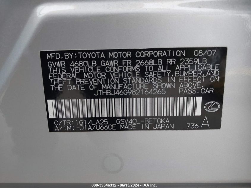 2008 Lexus Es 350 VIN: JTHBJ46G982164265 Lot: 39646332