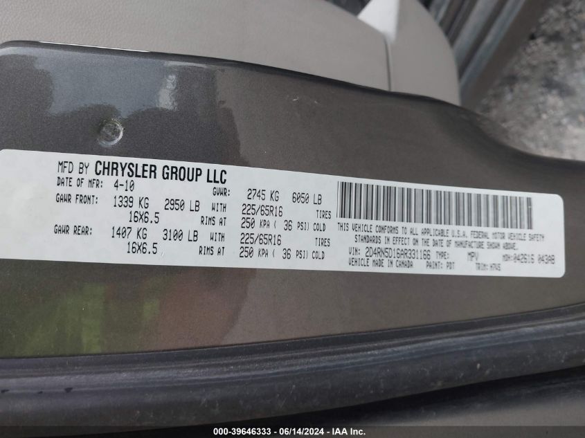 2010 Dodge Grand Caravan Sxt VIN: 2D4RN5D16AR331166 Lot: 39646333