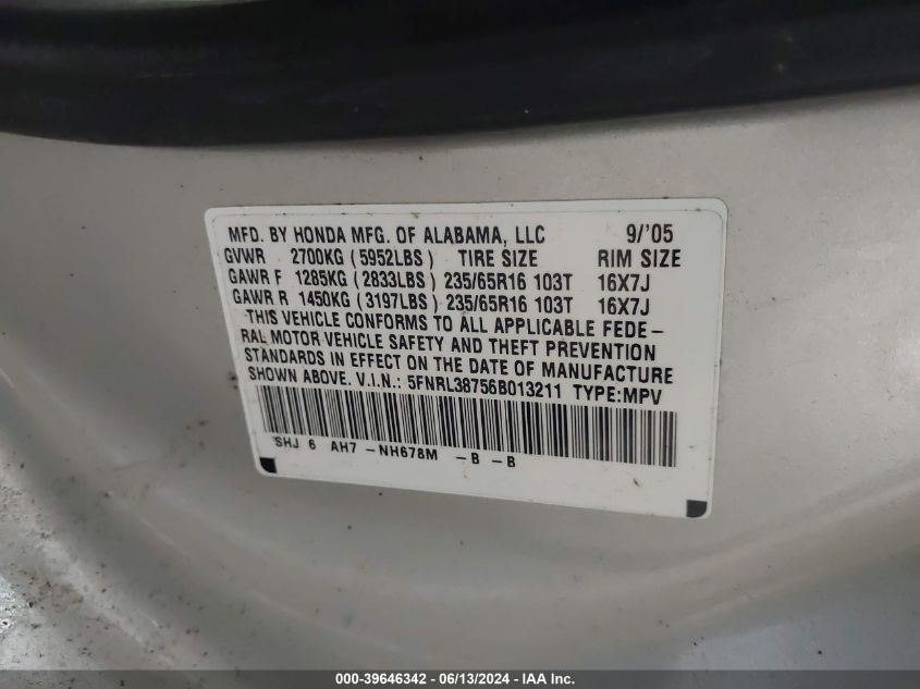 2006 Honda Odyssey Ex-L VIN: 5FNRL38756B013211 Lot: 39646342