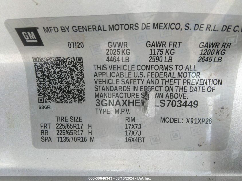 2020 Chevrolet Equinox Fwd Ls VIN: 3GNAXHEVXLS703449 Lot: 39646343