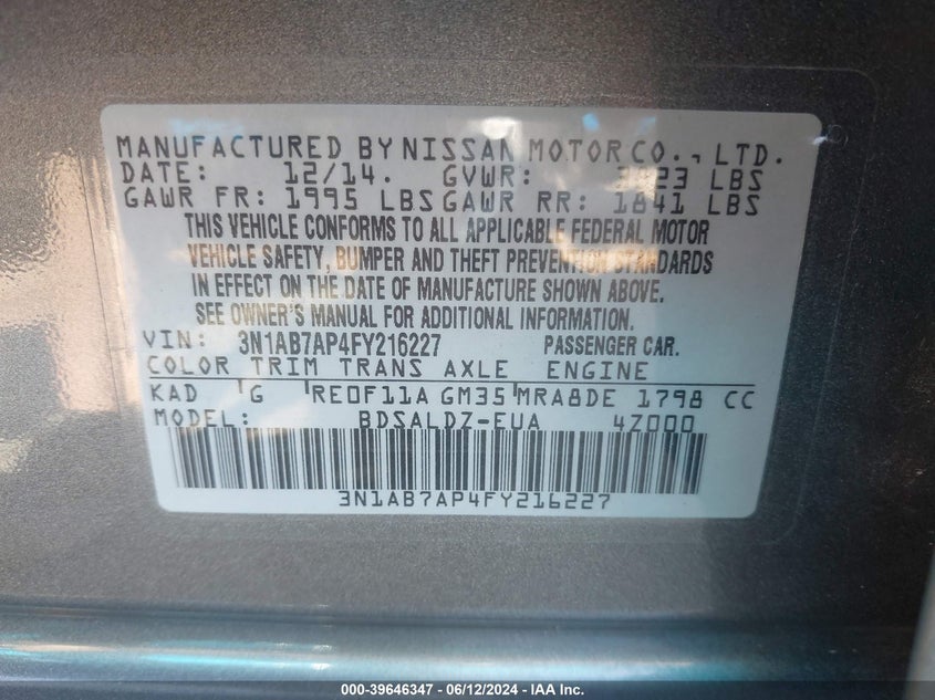2015 Nissan Sentra Fe+ S/S/Sl/Sr/Sv VIN: 3N1AB7AP4FY216227 Lot: 39646347