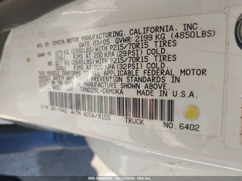 2005 Toyota Tacoma VIN: 5TETX22N45Z067608 Lot: 39646354