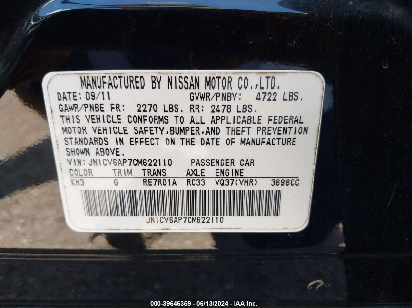 2012 Infiniti G37 Journey VIN: JN1CV6AP7CM622110 Lot: 39646359