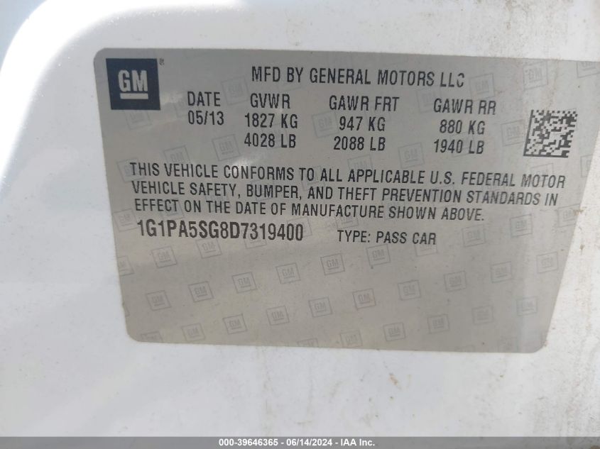 2013 Chevrolet Cruze Ls Auto VIN: 1G1PA5SG8D7319400 Lot: 39646365