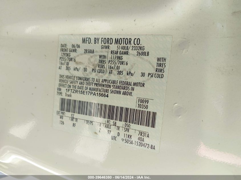 2007 Ford Ranger Fx4 Off-Road/Sport/Xl/Xlt VIN: 1FTZR15E17PA15664 Lot: 39646380