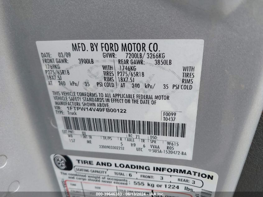 2009 Ford F-150 Fx4/King Ranch/Lariat/Platinum/Xl/Xlt VIN: 1FTPW14V49FB00122 Lot: 39646383