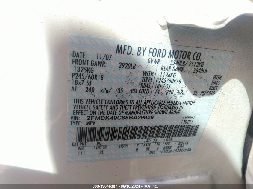 2008 Ford Edge Limited VIN: 2FMDK49C88BA29929 Lot: 39646387
