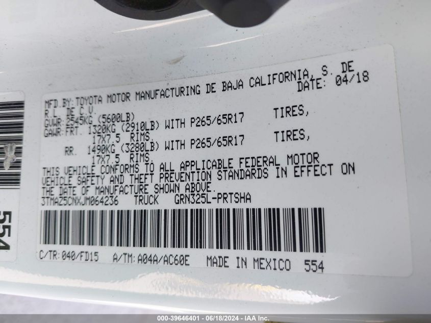 2018 Toyota Tacoma Trd Sport VIN: 3TMAZ5CNXJM064236 Lot: 39646401