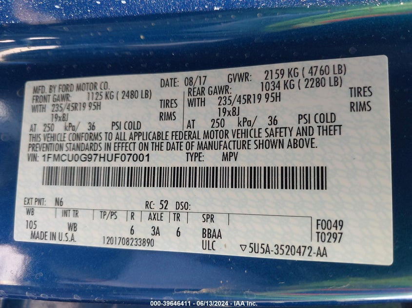 2017 Ford Escape Se VIN: 1FMCU0G97HUF07001 Lot: 39646411