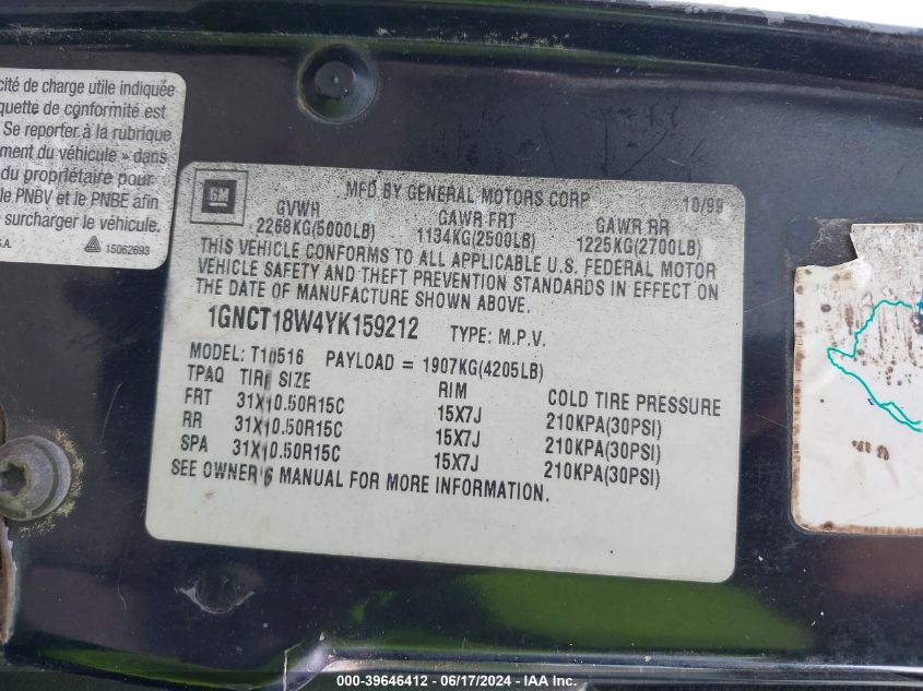 2000 Chevrolet Blazer Ls VIN: 1GNCT18W4YK159212 Lot: 39646412