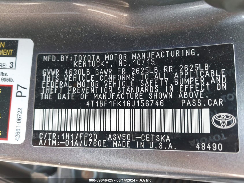 2016 Toyota Camry Se VIN: 4T1BF1FK1GU156746 Lot: 39646425