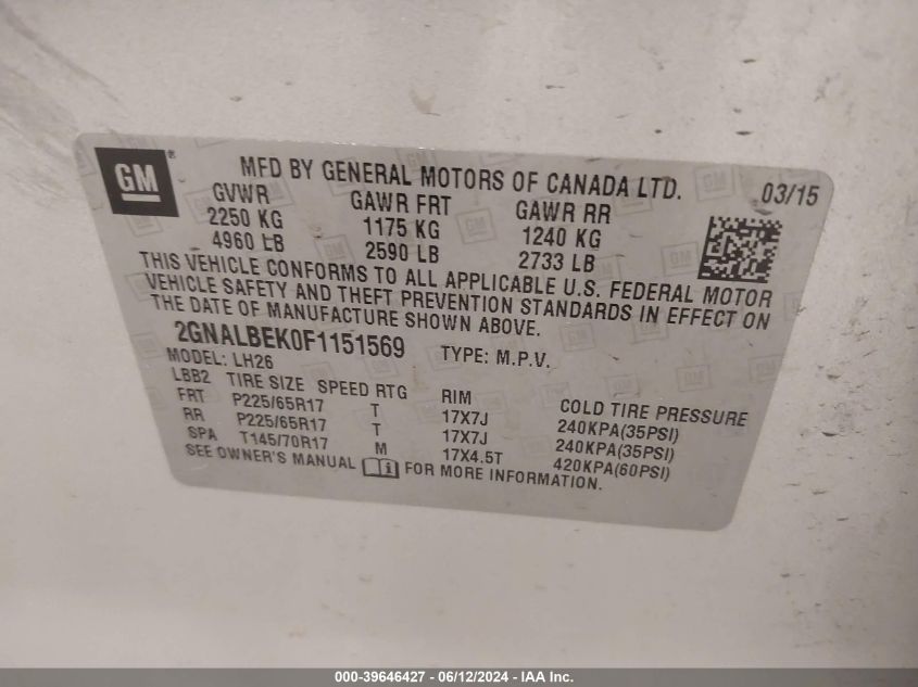 2015 Chevrolet Equinox 1Lt VIN: 2GNALBEK0F1151569 Lot: 39646427