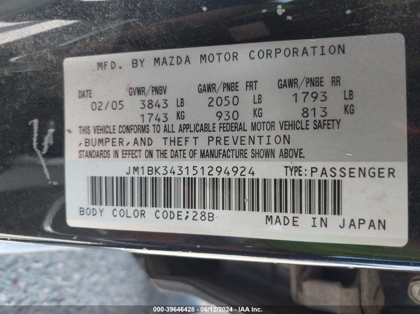 2005 Mazda Mazda3 Sp23 VIN: JM1BK343151294924 Lot: 39646428