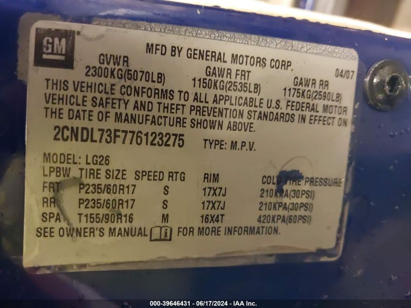 2007 Chevrolet Equinox Lt VIN: 2CNDL73F776123275 Lot: 39646431