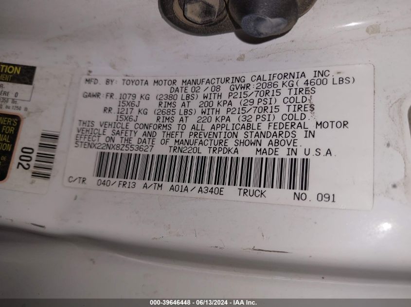2008 Toyota Tacoma VIN: 5TENX22NX8Z553627 Lot: 39646448