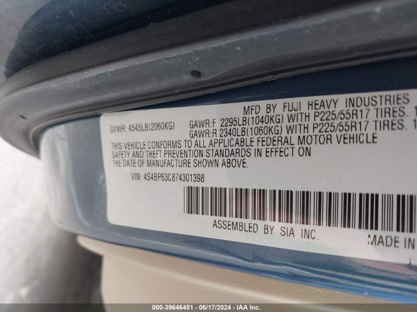 2007 Subaru Outback 2.5Xt Limited VIN: 4S4BP63C874301398 Lot: 39646451