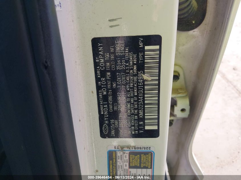 2016 Hyundai Tucson Se VIN: KM8J23A4XGU164985 Lot: 39646454