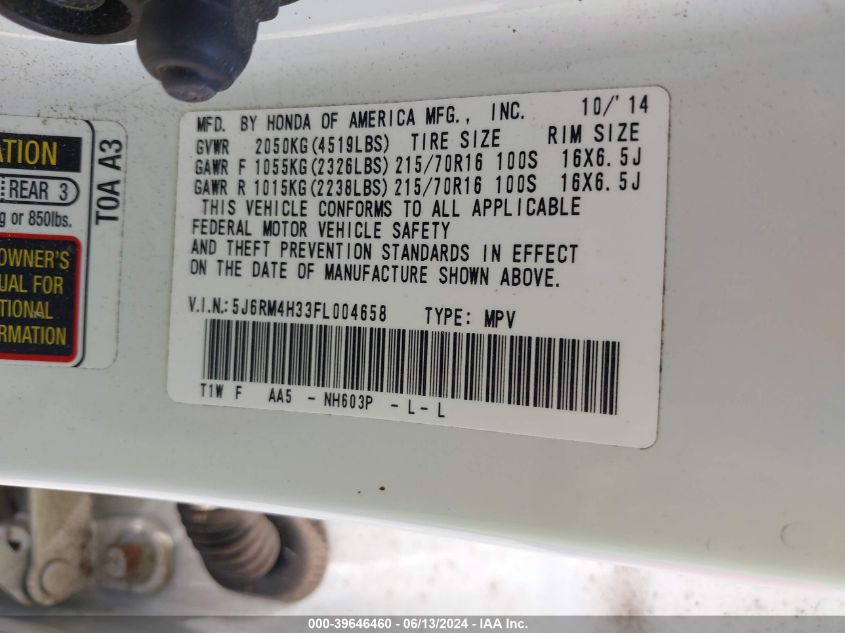 2015 Honda Cr-V Lx VIN: 5J6RM4H33FL004658 Lot: 39646460