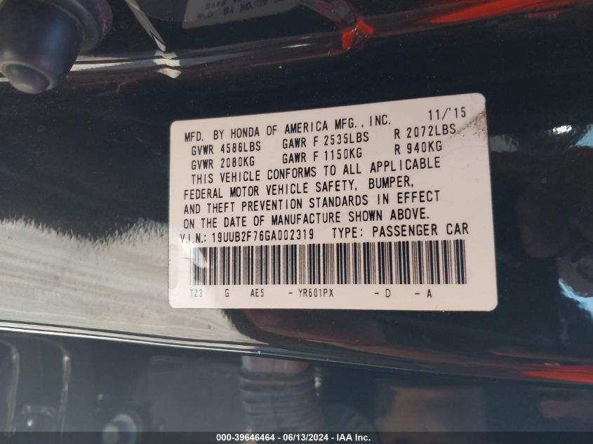 2016 Acura Tlx V6 Advance VIN: 19UUB2F76GA002319 Lot: 39646464